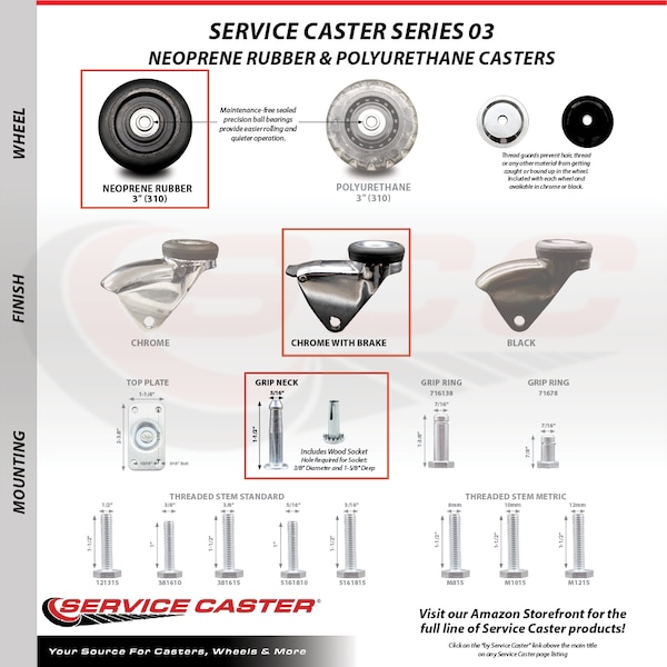 Service Caster 3 Inch Chrome Hooded Neoprene Rubber Grip Ring Stem Casters with Brake SCC, 5PK SCC-GN03S310-NPRB-BC-B-5 - main